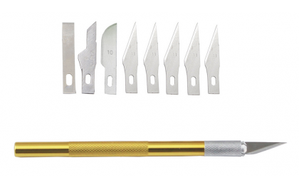 Scalpel mes met 9x losse mesjes in verschillende vormen Voor hobby & modelbouw / Goudkleurig handvat / HaverCo