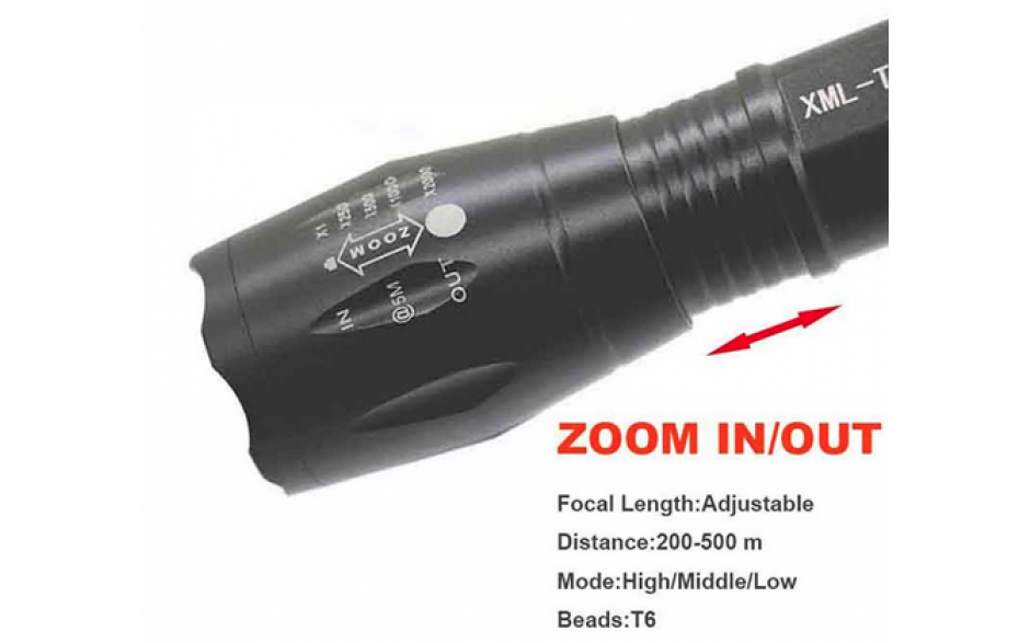 LED zaklamp torch 18650 zoom waterproof XM-L T6 3800LM 5 Zoomable / 3.7V accu